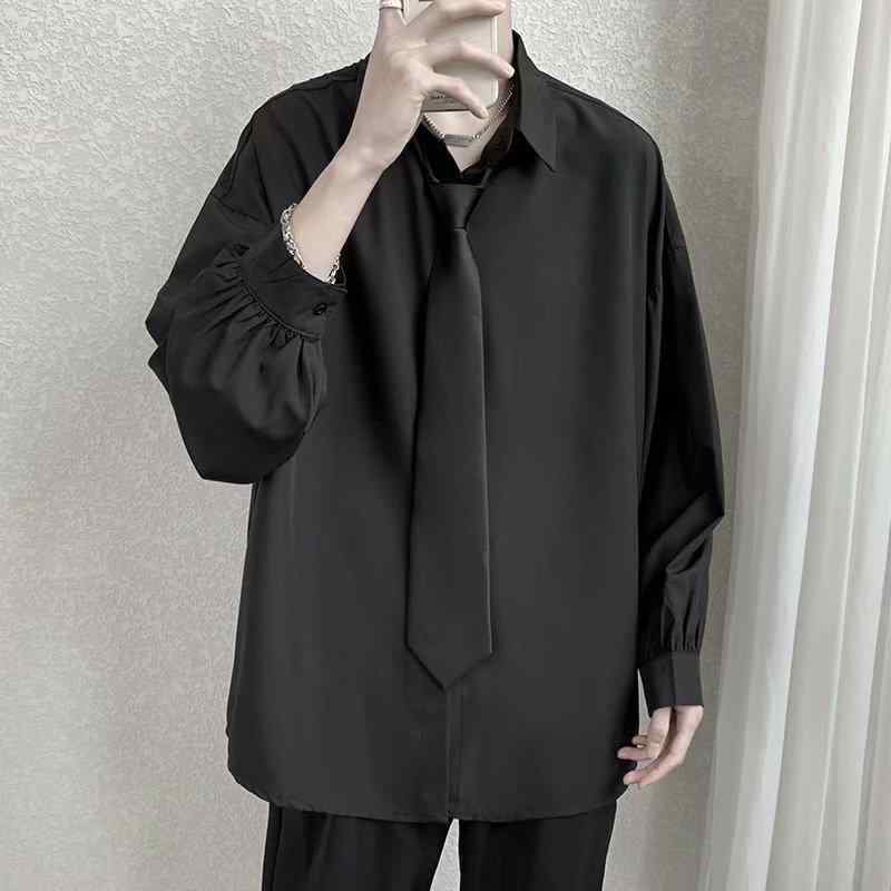 シャツ 男性用 長袖 ブラック ドロップショルダー ゆったり オーバーサイズ 無地 春秋 カジュアル 韓国 ファッション