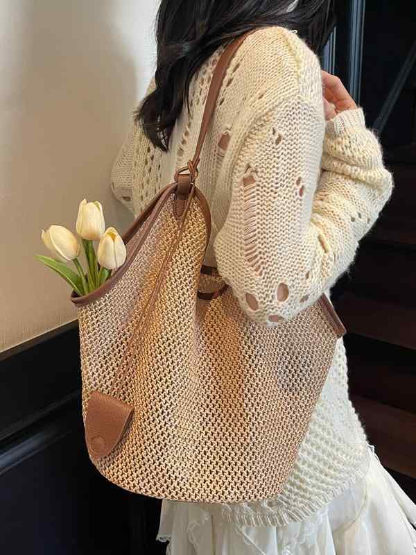 トートバッグ レディース 草編み 大容量 鞄 春夏 リゾート 普段使い 編み込み 菱格 ブラウン ブラック