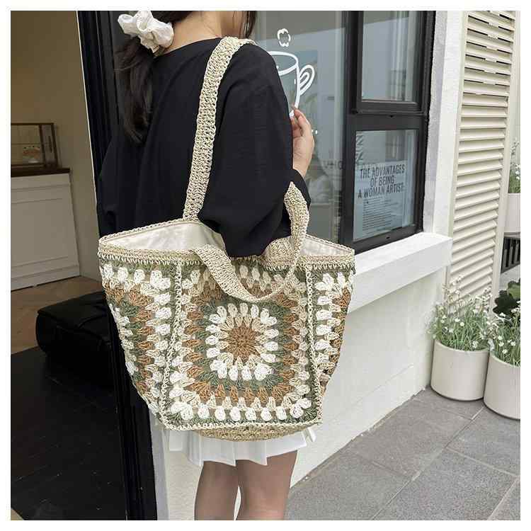 Tote Bag Type - かごバッグ レディース 高級感 手編み トートバッグ 大容量 帆布裏地付き 肩掛け 普段使い ビーチ リゾート 春夏