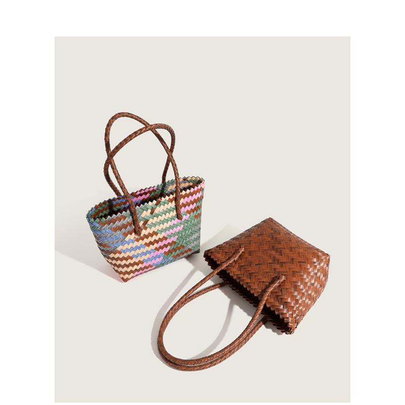 Tote Bag Type - トートバッグ レディース 鞄 編み込み 草編み 縦型 普段使い デイリー 大容量 ブラウン系 カラフル