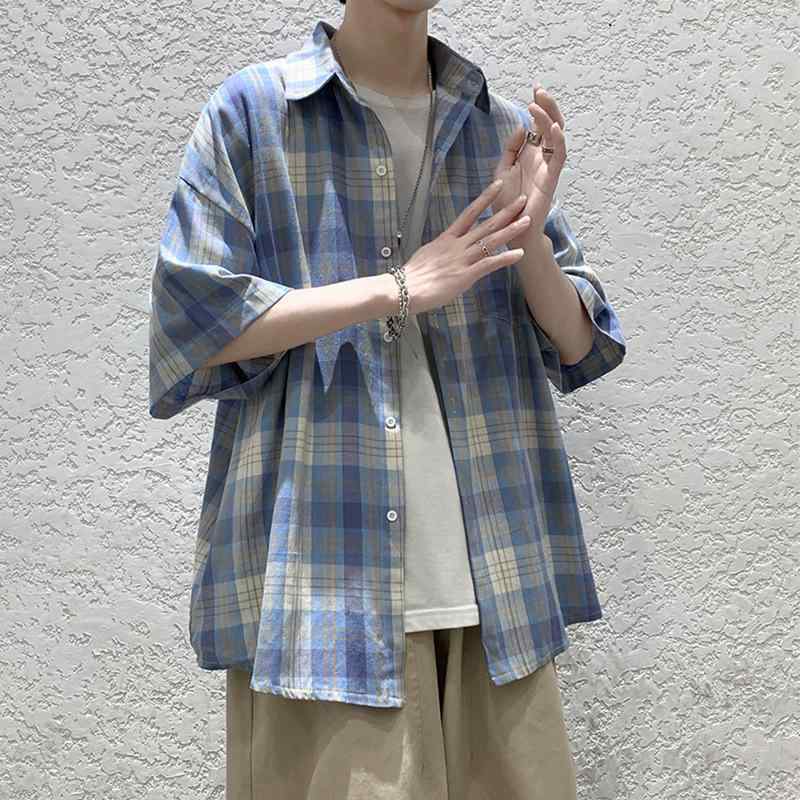 シャツ 男性用 半袖 格子柄 トップス 薄手 5分袖 カジュアル ゆったり 普段使い ポリエステル 春夏 グリーン ブルー