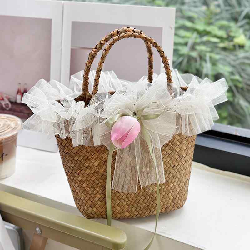 カゴバッグ レディース 森ガール レース 花柄 チューリップ 手提げ 鞄 バスケット 草編み ベージュ ピンク系 PUレザー 熟女 日常使い