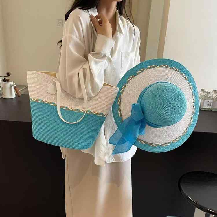 麦わら帽子 &amp; バッグ セット 大容量 かごバッグ トートバッグ 海辺 砂浜 リゾート 旅行 編み込み 肩掛け 手提げ ベージュ ピンク系 ブルー