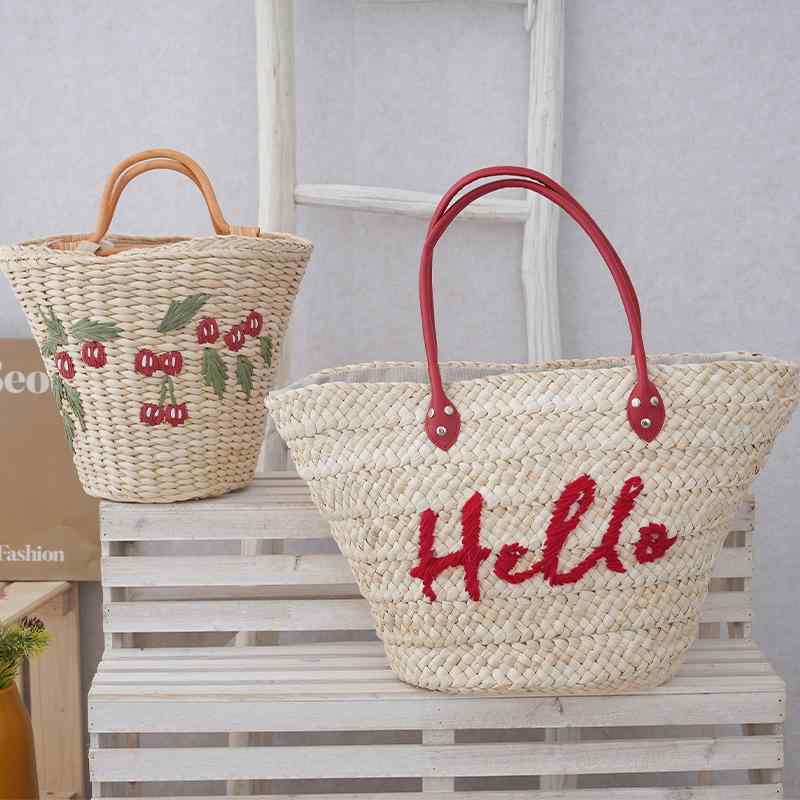 トートバッグ レディース 草編みバッグ 刺繍 桜桃 リゾート 手提げ 鞄 かばん バケットバッグ 草編み 春夏 日常使い 普段使い