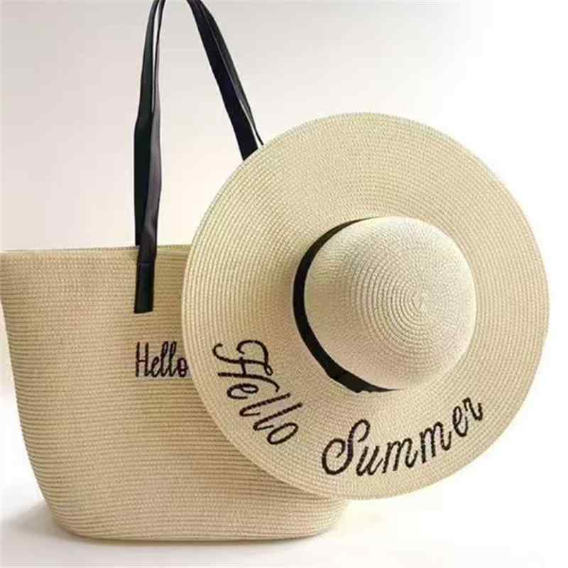 Tote Bag Type - 麦わら帽子 レディース UVカット 遮光 日よけ帽子 バッグ付き 帽子 鞄 カバン リゾート 旅行 大容量 ポリエステル 編み込み 春夏 ベージュ