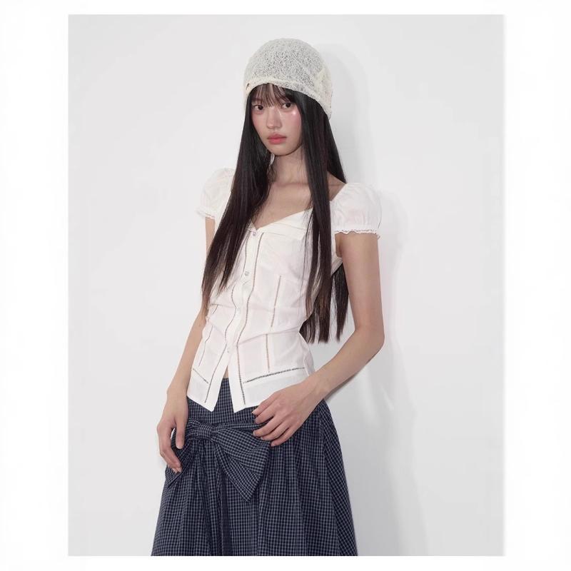 シャツ レディース 半袖 翻襟 レース パフスリーブ スリムフィット ホワイト 白 Vネック 春夏 トップス 接触冷感 再生繊維