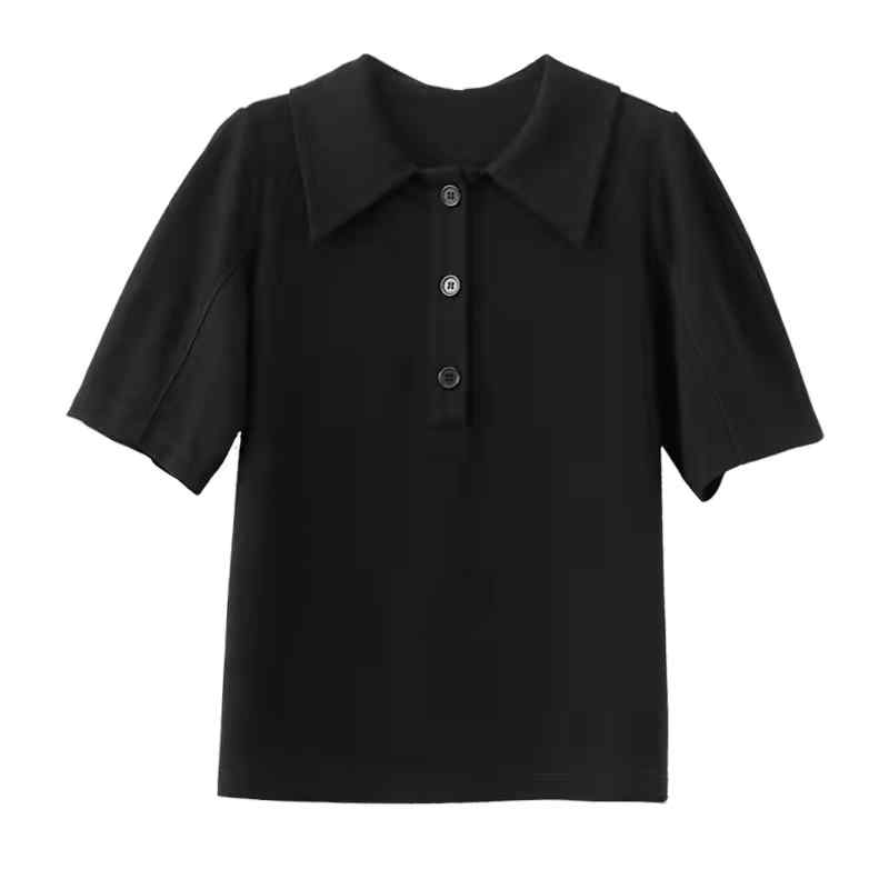 Rakuten - Tシャツ レディース 半袖 コットンリネン 襟付き 無地 韓国風 パフスリーブ トップス 通勤 ブラック ホワイト メロンカラー