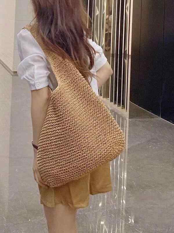 かごバッグ レディース 森ガール 手編み 大容量 砂浜 ビーチバッグ ショルダーバッグ ベージュ キャメル色 ストライプ 春夏
