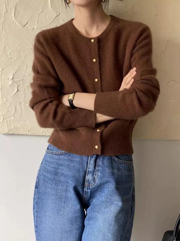 ニット カーディガン レディース 韓国風 金ボタン ラウンドネック トップス ウール ファッション アウター 白 黒白ストライプ 黄キャメル グレー カフェオレ ブルー白ストライプ 長袖 伸縮性 通勤