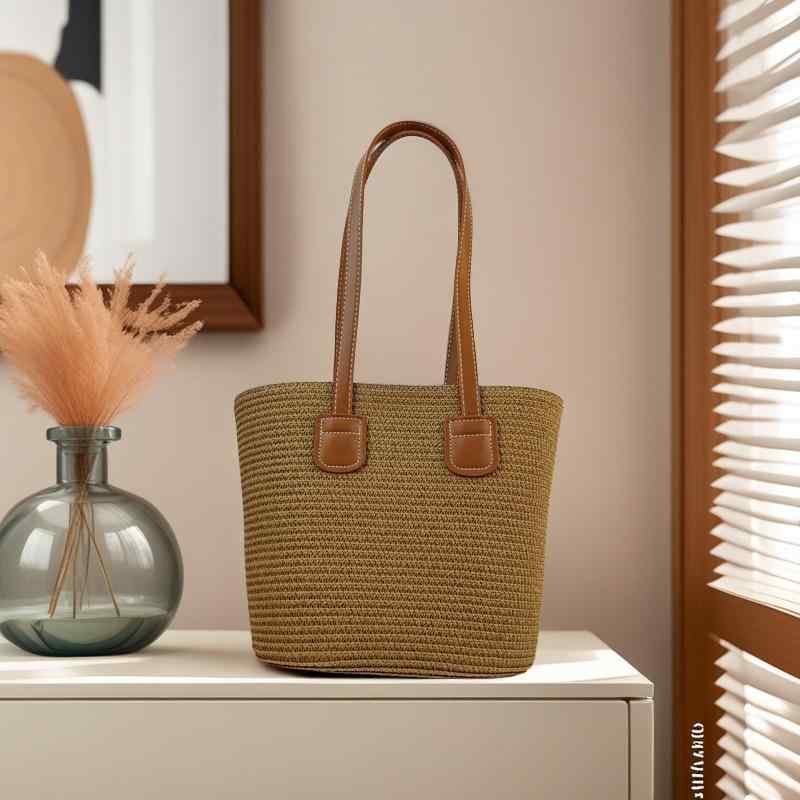 麦わら帽子 レディース ストライプ 草編み バッグ 手編み 肩掛け 鞄 ビーチ リゾート トートバッグ 大容量 カジュアル おしゃれ