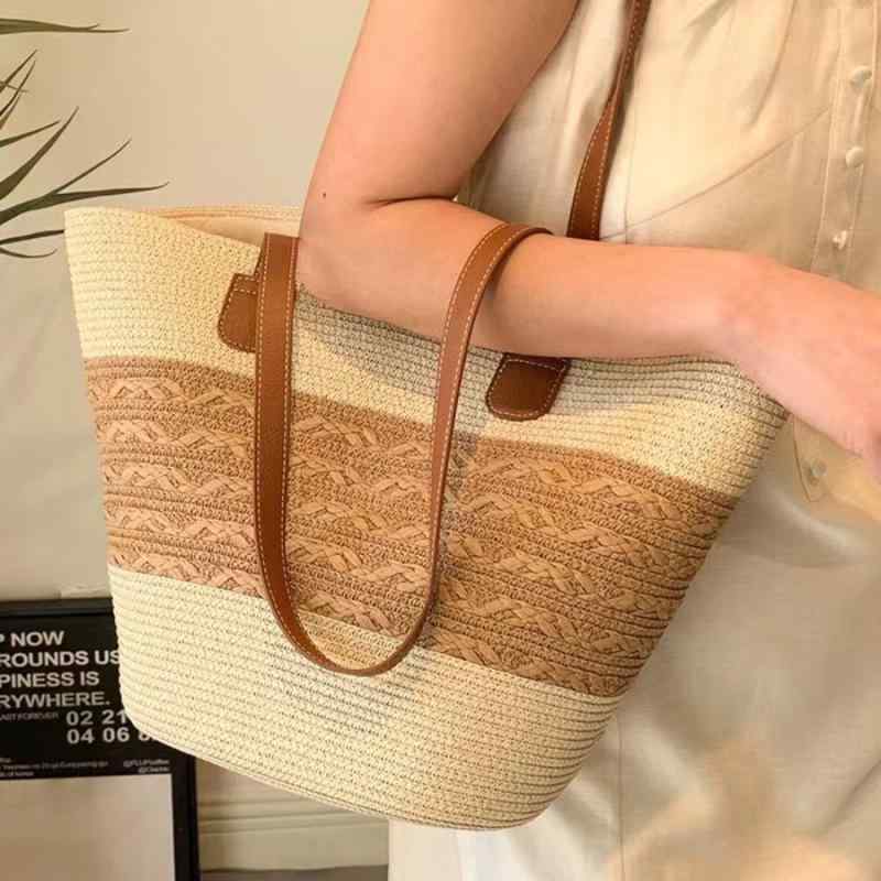 Handbag Type - 帽子 レディース 麦わら帽子 バッグ トートバッグ 草編み 大容量 旅行用 カジュアル ベージュ系