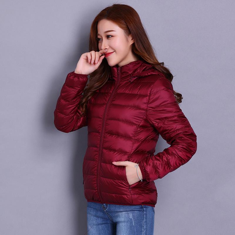 ダウンジャケット レディース 取り外し可能フード付き ライトダウン 秋冬 薄手 大きいサイズ スリム 長袖 ポリエステル 赤 紫 黒 ピンク系