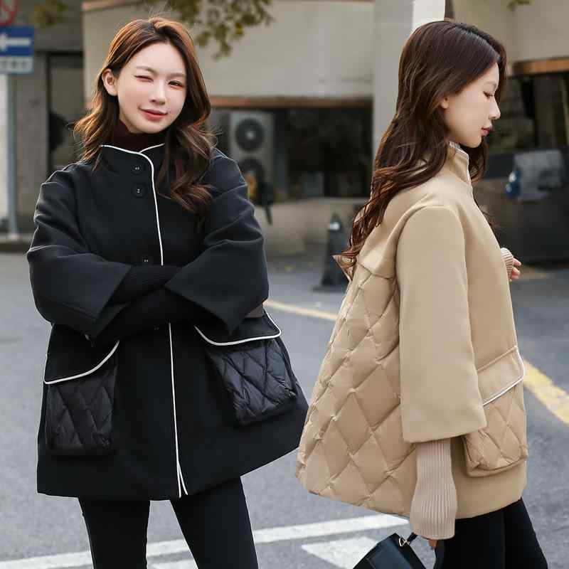 ダウンジャケット レディース 大きいサイズ 毛呢 切り替え ゆったり 立襟 黒 ブラック系 奶茶色 ポリエステル 通勤 エレガント スタイル