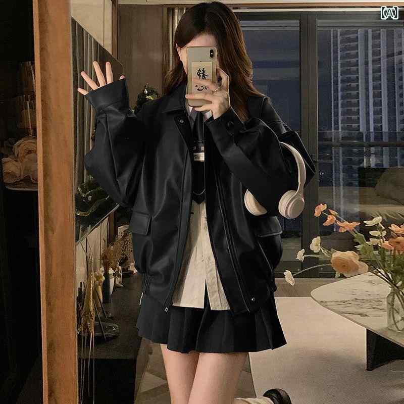 女裝 - レディース 皮ジャケット 短丈 コート 赤 ブラック ブラウン 春夏 秋冬 仿皮革 ロングスリーブ スタンドカラー ワイドシルエット ルーズフィット ポケット ジップアップ 刺繍 加工 学院風 甘め スタイル かわいい 軽量 伸縮性 通勤 普段使い アウ