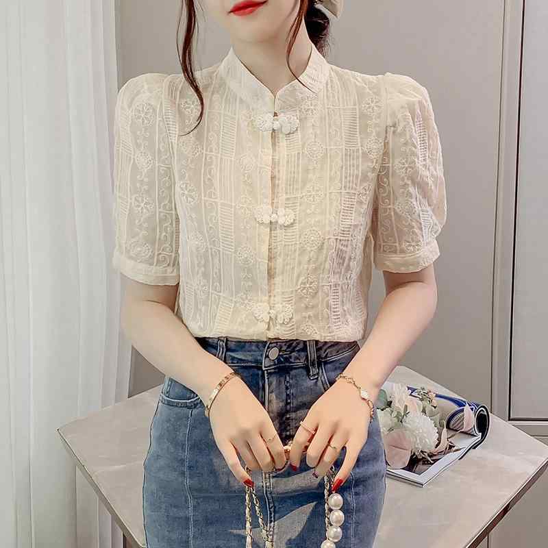 シャツ レディース 半袖 チャイナ風 レース ポリエステル トップス ラウンドネック 杏色 S M L XL 通勤服 パフスリーブ 刺繍 エレガント