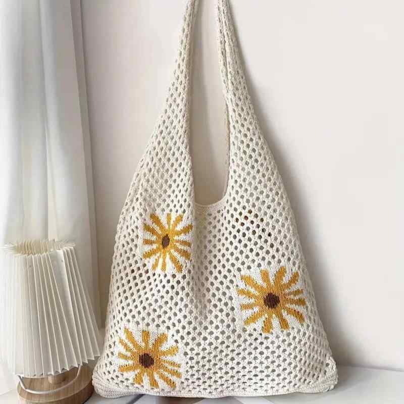 Tote Bag Type - トートバッグ レディース 草編み 大容量 通勤 普段使い かばん ハンドバッグ 肩掛け イントレチャート A4 縦型 スクエア ベージュ