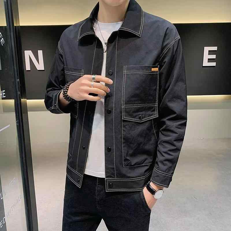 ジャケット メンズ 男性用 春秋 薄手 韓国風 スリム ワークシャツ トップス 長袖 襟付き 黒 緑