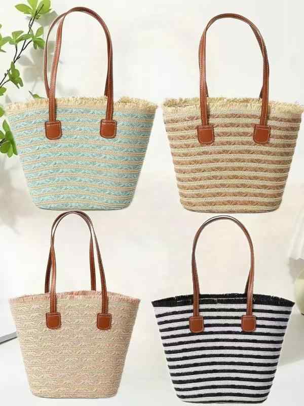乐天商城 - かごバッグ レディース 春夏 海 大容量 トートバッグ 手編み 肩掛け 手提げ 鞄 ピンク系 カーキ ブラック ライトブルー 普段使い