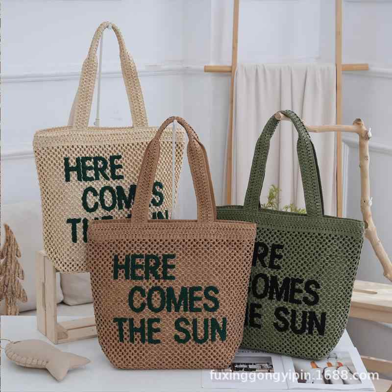 Tote Bag Type - トートバッグ レディース 草編みバッグ ペーパーバッグ ビーチバッグ 肩掛け 手編み 大容量 ベージュ カーキ グリーン 刺繡 旅行 海水浴 リゾート(x3)