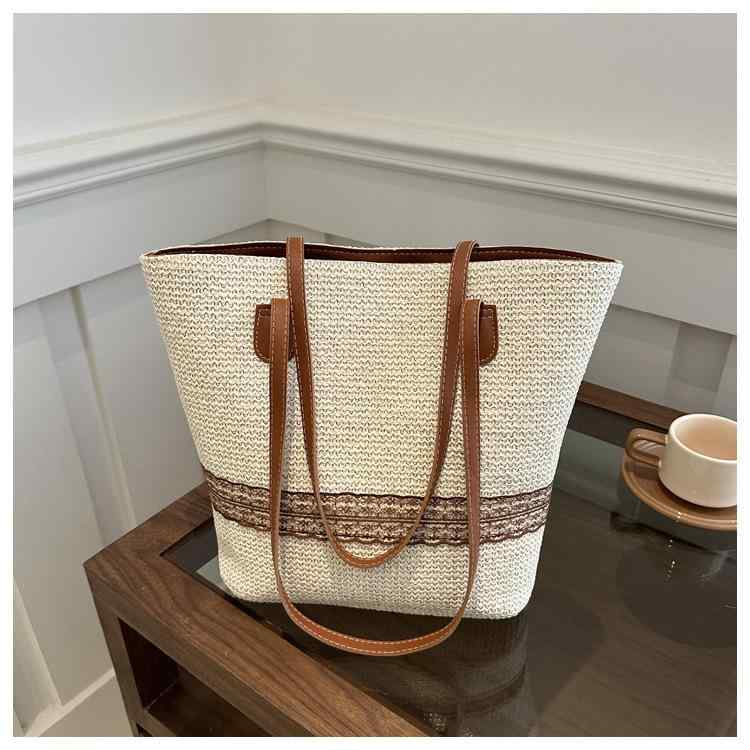 Tote Bag Type - トートバッグ レディース 大容量 鞄 草編み 肩掛け 手提げ カジュアルバッグ ベージュ カーキ アーバン シンプル 春夏