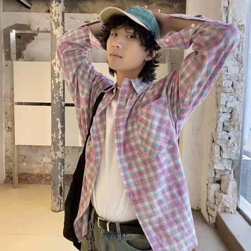 シャツ メンズ 男性用 格子柄 トップス 長袖 普段使い 春秋 ポリエステル ピンク系 ブルー系
