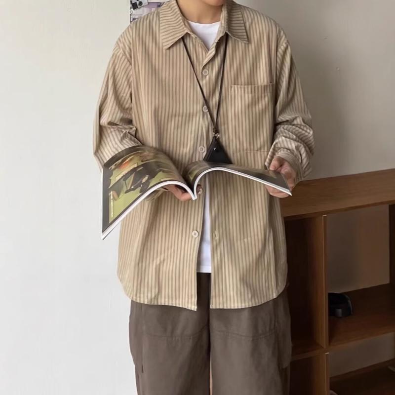 シャツ メンズ ストライプ柄 トップス 春秋物 レトロ カジュアル 長袖 襟付き ゆったり ポリエステル 開襟シャツ 配色