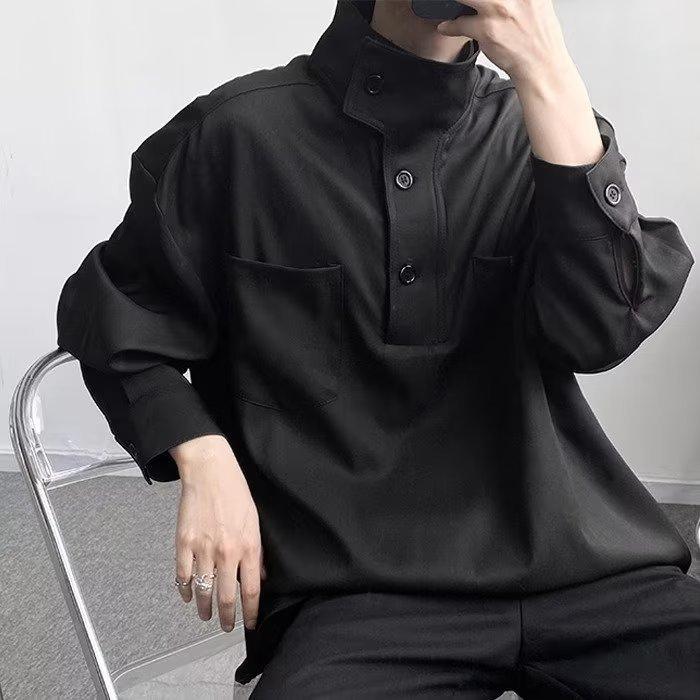 Other - シャツ メンズ トップス 長袖 ハーフハイネック 無地 ゆったり 接触冷感 韓国風 カジュアル 男性用 黒 白