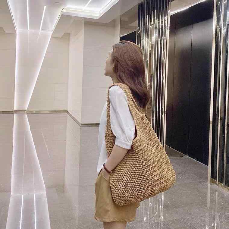 Handbag Type - かごバッグ レディース トートバッグ ショルダーバッグ 草編み 鞄 大容量 カジュアル リゾート ベージュ カーキ