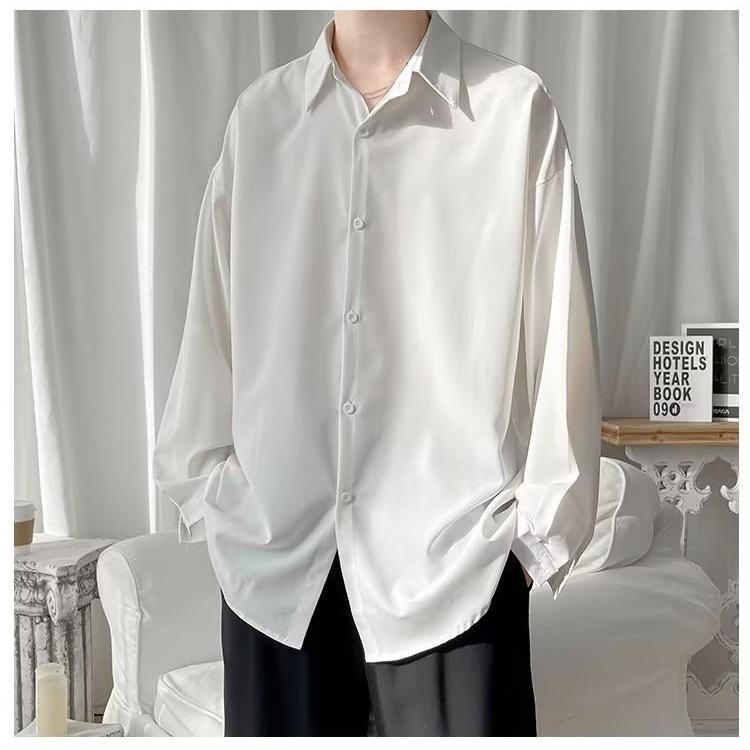 シャツ メンズ 長袖 韓国風 ゆったり 接触冷感 ポリエステル ブラック グレー ホワイト 無地 薄手 襟付き トップス インナー 羽織り