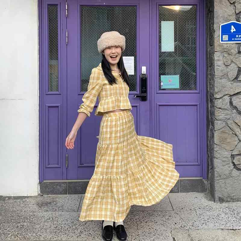 ・スカート丈: ロング・柄: ストライプ、格子・スタイル: スイート・性別: 女性・袖丈: 七分袖・袖のタイプ: パフスリーブ・種類: カジュアルセット・特徴: アイスクリームカラー