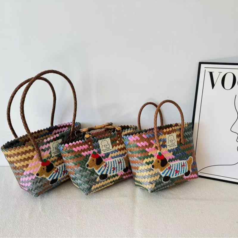 Handbag Type - かごバッグ レディース 草編み トートバッグ ダックスフンド柄 ストライプ柄 通勤 普段使い 鞄 手提げ