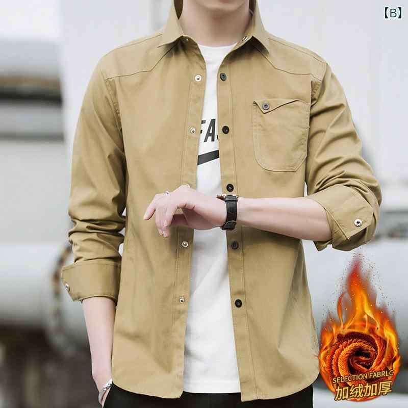 シャツ メンズ 男性用 長袖 裏起毛 暖かい 黒シャツ 秋冬 韓国風 カジュアル 格好いい シャツ トップス 綿 無地 厚手 普段使い