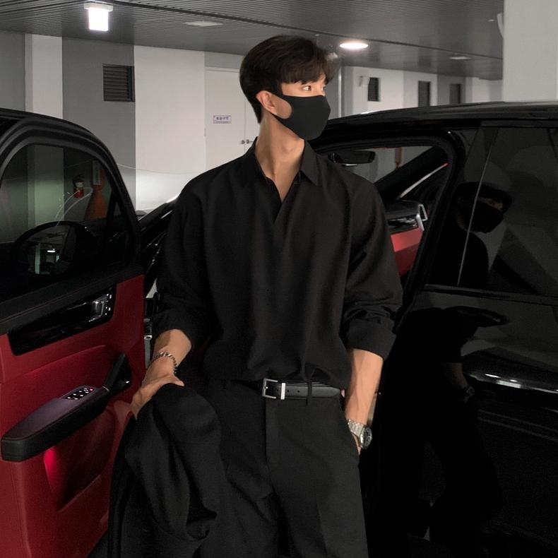 Rakuten - シャツ 男性用 韓国風 ゆったり 長袖 無地 ドロップショルダー 垂れ感 ブラック ブルー グレー 大きいサイズ