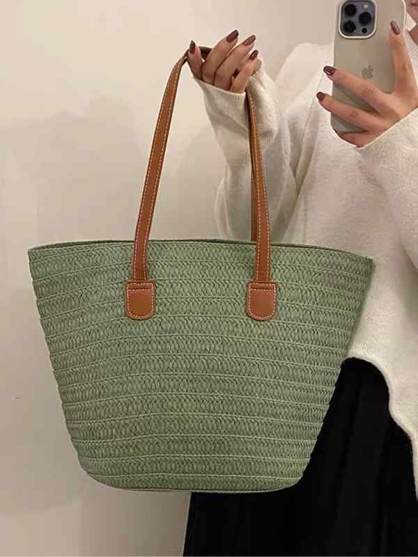 Tote Bag Type - カゴバッグ レディース 大容量 麦わら 藁編み トートバッグ ビーチバッグ 肩掛け 米白色 カーキ色 グリーン 街頭スタイル 桃皮