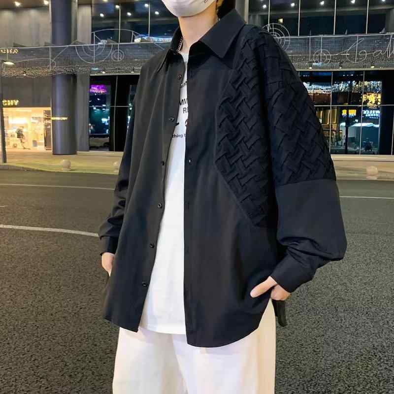 シャツ メンズ 男性用 長袖 デザイン 白 黒 小さいサイズ 大きいサイズ ゆったり ルーズ 普段使い 旅行 ポリエステル