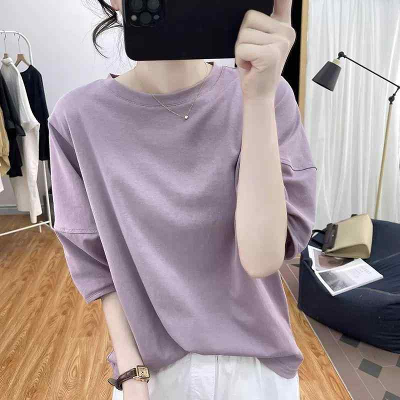 Rakuten - Tシャツ レディース 半袖 コットン ランタンスリーブ ゆったり ラウンドネック トップス カットソー 紫ピンク ホワイト ブラック 綿100 接触冷感 吸湿性