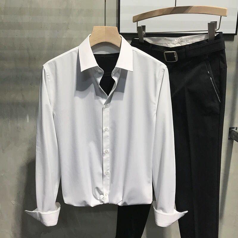 シャツ メンズ 男性用 長袖 抗シワ 形態安定 デザイン 伸縮性 スリム 韓国 ファッション トップス アウター 普段使い