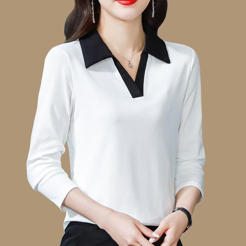 乐天商城 - Tシャツ レディース 春秋 長袖 POLOネック 配色 切り替え 体型カバー ゆったり 普段使い 部屋着 ポリエステル ブラック ホワイト