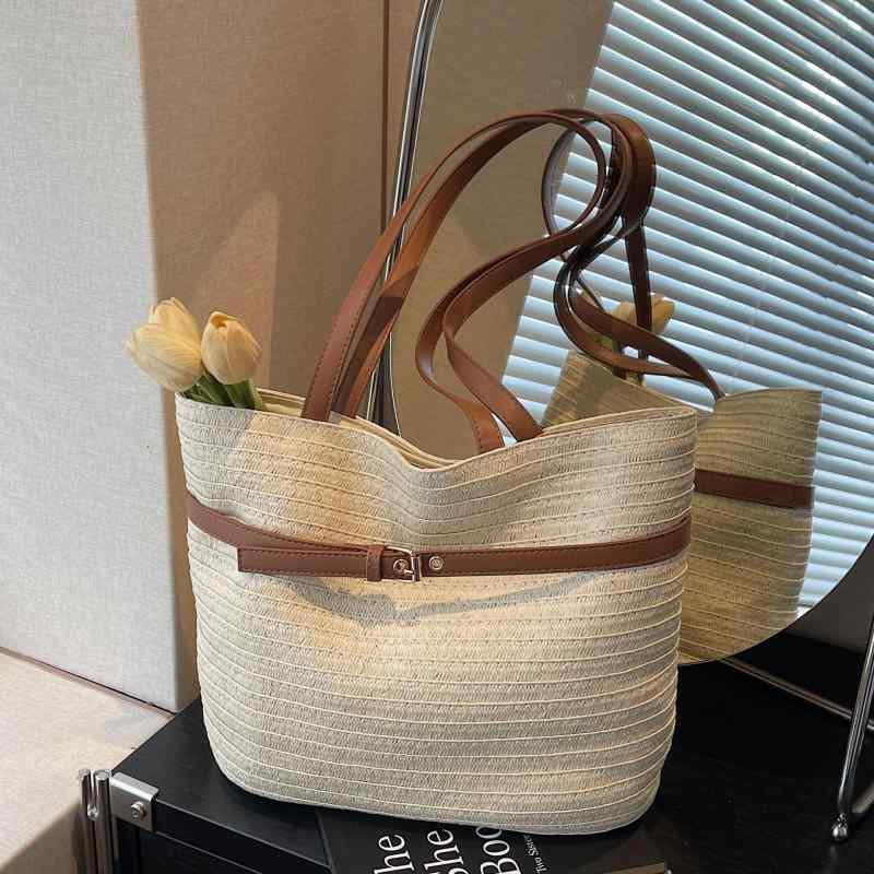 Tote Bag Type - かごバッグ レディース 鞄 草編み 大容量 旅行 ビーチバッグ トートバッグ 裏地付き 肩掛け 手提げ カジュアル ナチュラル シンプル ベージュ系 アイボリー
