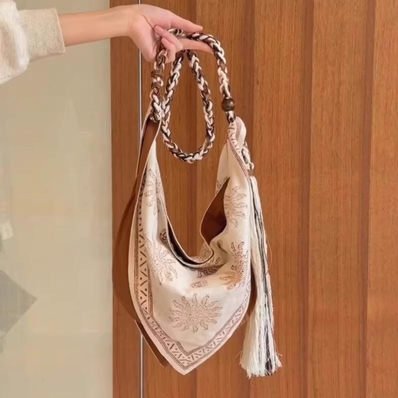 バッグ レディース ボヘミアン 帆布 トートバッグ 麻 編み込み フリンジ ショルダー 斜めがけ 鞄 ミルキーホワイト ライトグリーン 裏地付き 普段使い