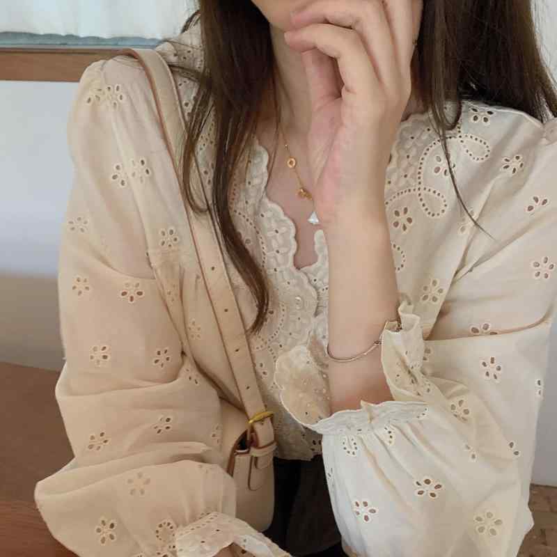 シャツ レディース 春夏 レース トップス 杏色 Vネック 長袖 ブラウス カットソー 花柄 接触冷感 エレガント