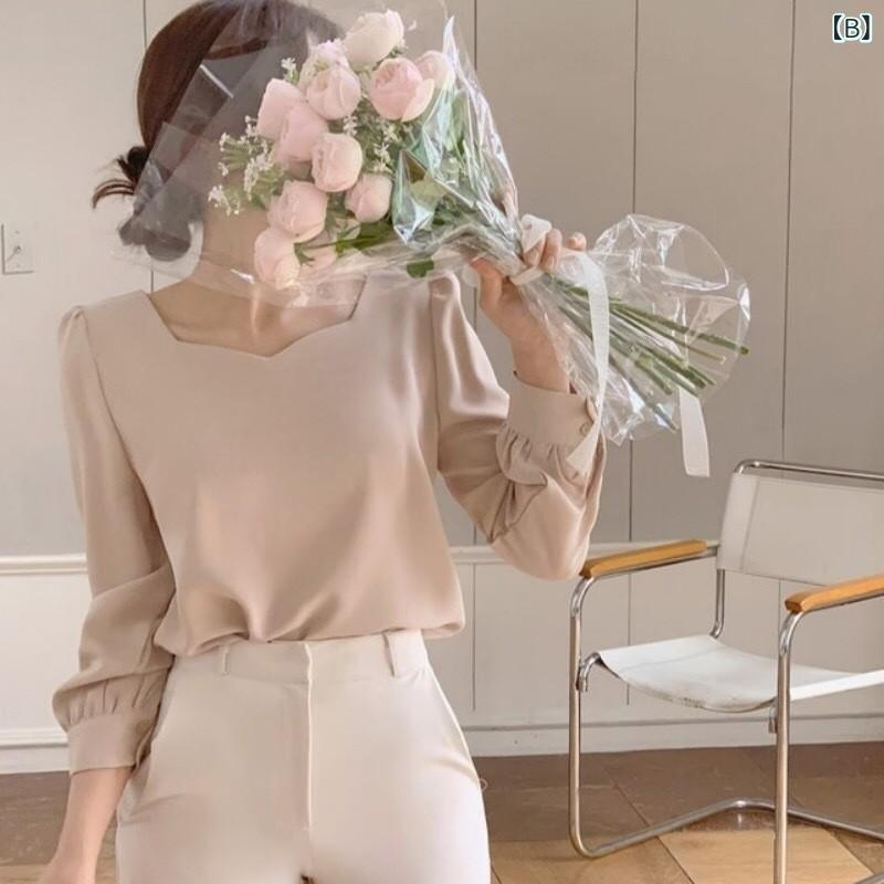 シャツ レディース 春夏 韓国風 かわいい 杏色 黒 通勤 トップス ブラウス 7分袖 ランタンスリーブ ゆったり スクエアネック ニット アクリル