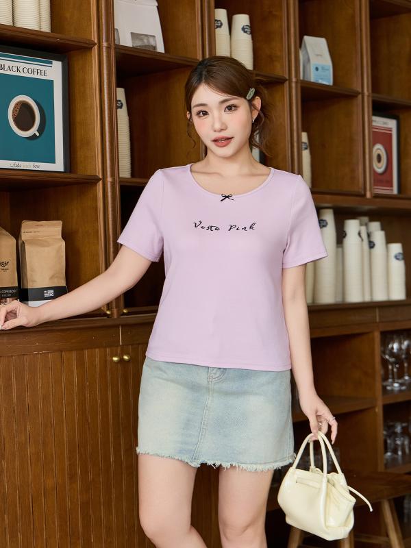 Tシャツ レディース 大きいサイズ ゆったり ラウンドネック 半袖 刺繍 切り替え 炭グレー 紫ピンク系 コットン トップス 清潔感 かわいい