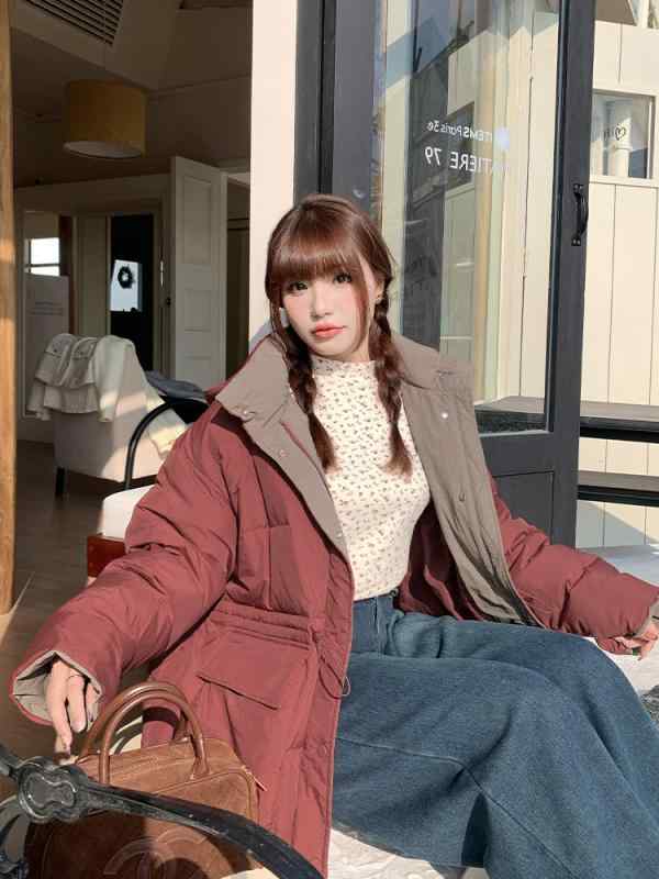 ダウンジャケット レディース ゆったり 秋冬 かわいい 韓国風 配色 切り替え 中綿 アウター 軽量 あったか ブラック レッド パープル ベージュ ブラウン