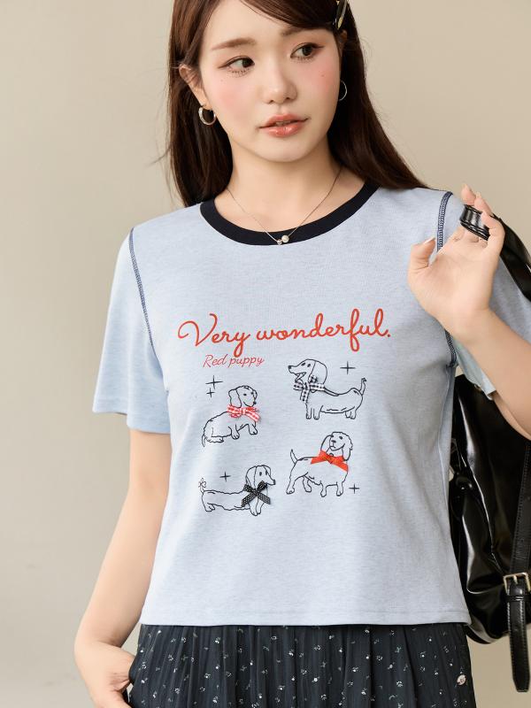 Tシャツ レディース ゆったり かわいい 韓国風 切り替え 童趣プリント 半袖 コットン 部屋着 普段使い ブルー ホワイトグレー