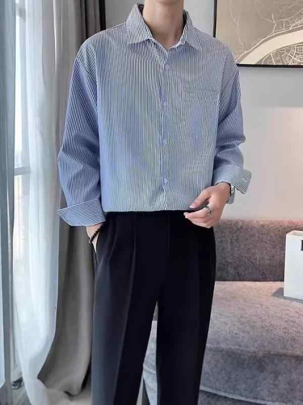 Other - シャツ 男性用 長袖シャツ ストライプ柄 オックスフォード風 耐摩耗性 イージーケア リラックスフィット レトロ オープンカラー 春秋