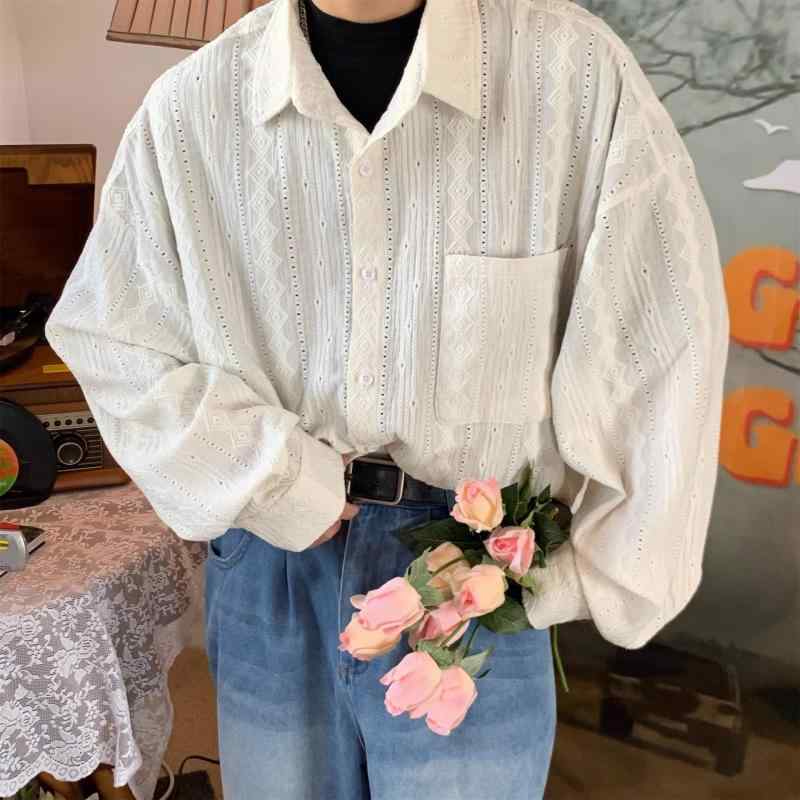 シャツ 男性用 フレンチ レトロ 透かし彫り 長袖 コットン混紡 ゆったりめ トレンド 通気性