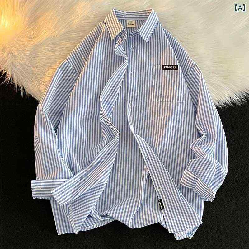 シャツ メンズ 長袖 ストライプ柄 トップス 港風 韓国風 カジュアルシャツ ポリエステル ゆったりサイズ 体型カバー