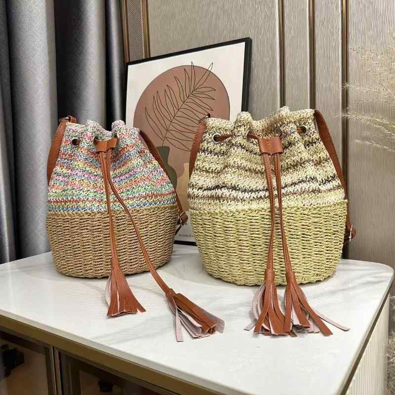 Handbag Type - かごバッグ レディース ストライプ 草編み バケットバッグ ビーチバッグ 手提げバッグ ショルダーバッグ カジュアル 旅行 リゾート