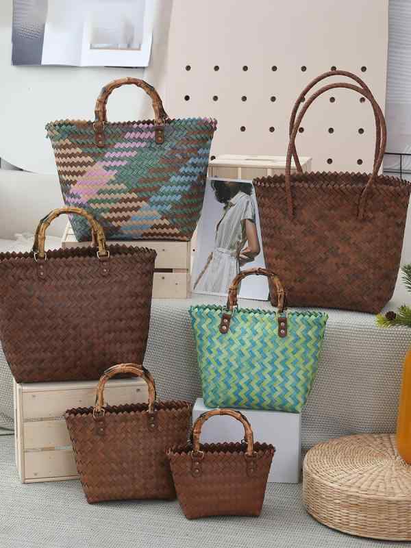 Handbag Type - トートバッグ レディース 大容量 普段使い 肩掛け 草編み 手編み 鞄 ブラウン ミックスカラー グリーン 編み込み PVC 通勤